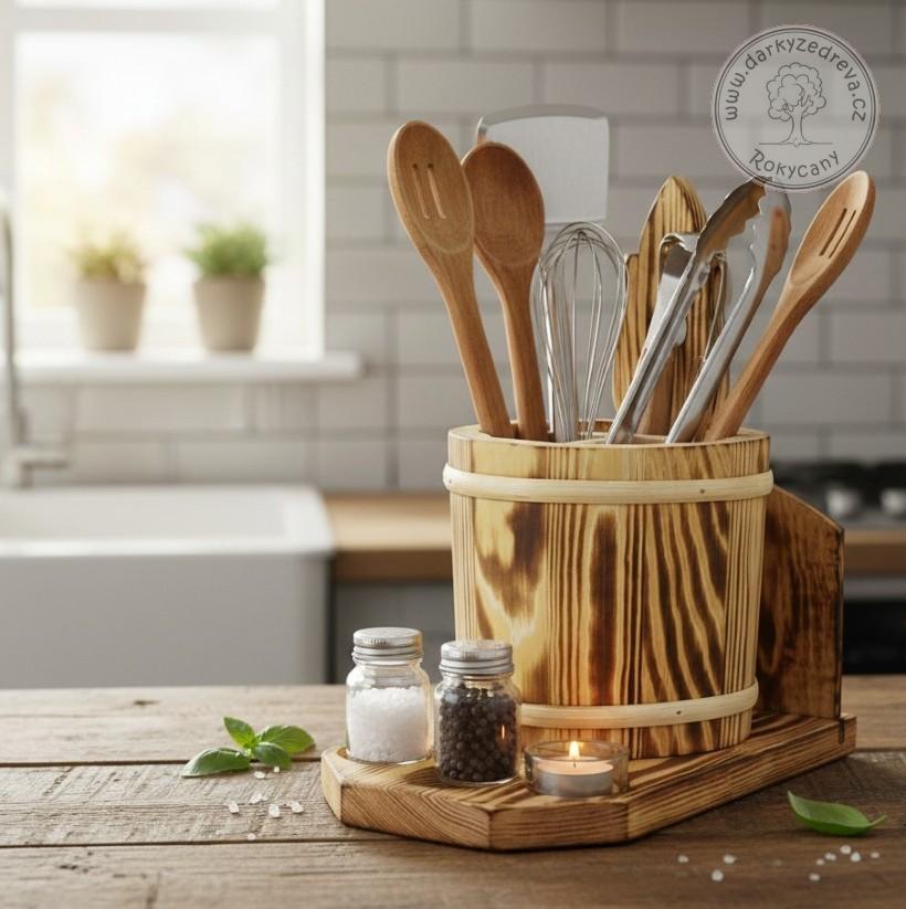 Dřevěný stojan na kuchyňské potřeby a příbory 27 x 15 cm opalovaný s podložkou