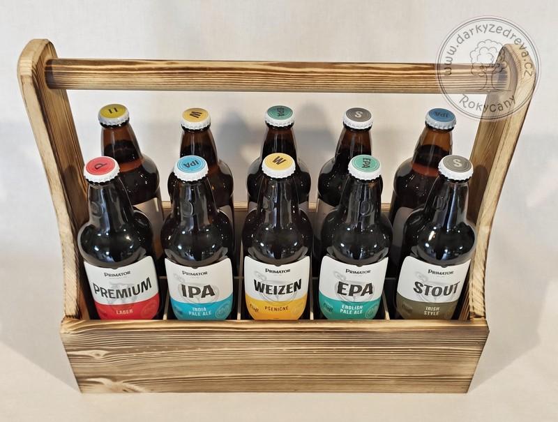 Nosič na pivo dřevěný na 10 lahví s otvírákem opalovaný
