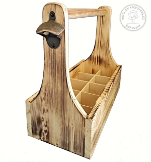Nosič na pivo dřevěný na 10 lahví s otvírákem opalovaný